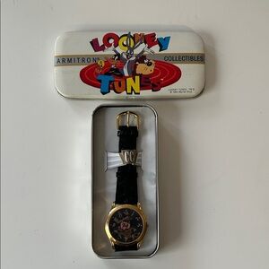 Vintage Armitron Black Strap Gold-Tone Looney Tunes Taz Watch with Tin